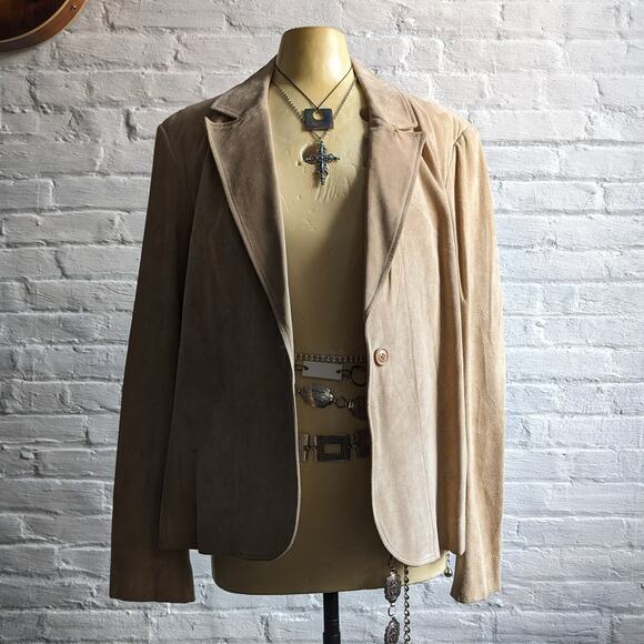 Y2K Vintage Tan Suede Leather Jacket Neutral Western Minimalist Boho Chic Coat - Picture 2 of 8